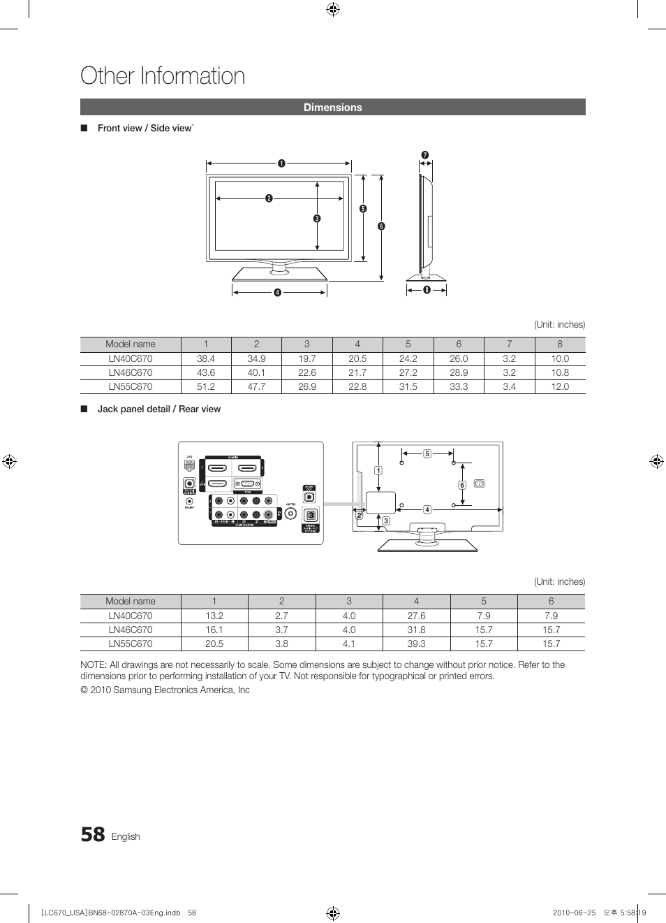 Dimensions, Other information | Samsung LN46C670M1FXZA User Manual | Page 58 / 60