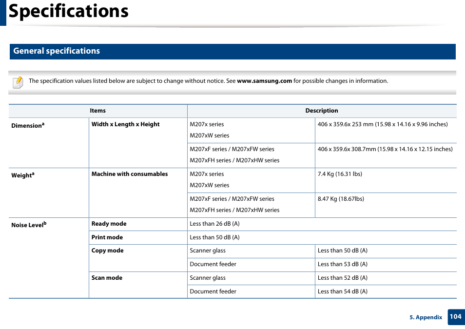 Specifications, General specifications | Samsung SL-M2070W-XAA User Manual | Page 104 / 314