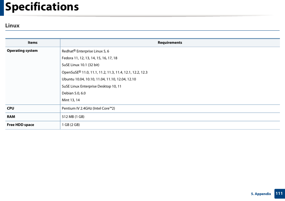Specifications, Linux | Samsung SL-M2070W-XAA User Manual | Page 111 / 314