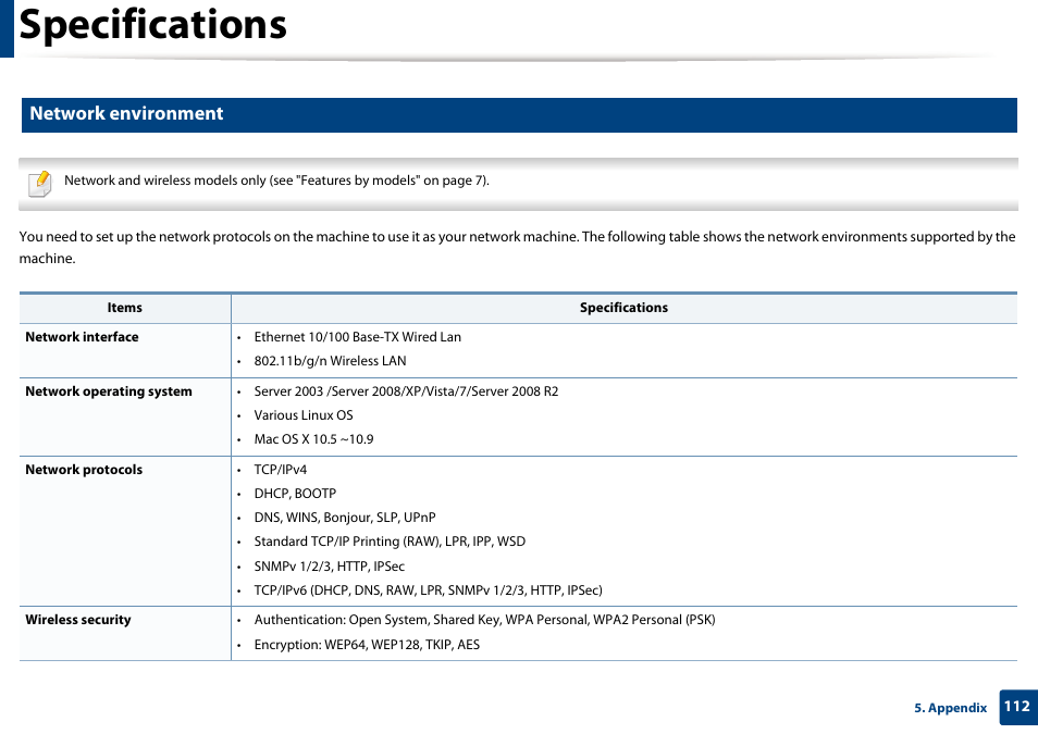 Specifications, Network environment | Samsung SL-M2070W-XAA User Manual | Page 112 / 314