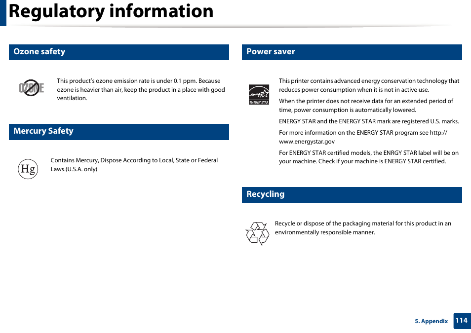 Regulatory information, Ozone safety, Mercury safety | Power saver, Recycling | Samsung SL-M2070W-XAA User Manual | Page 114 / 314
