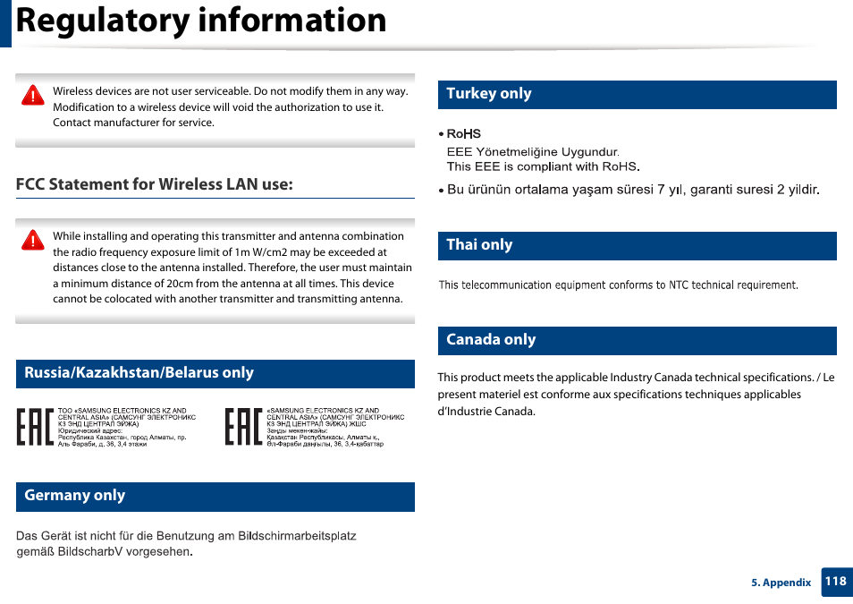Regulatory information, Fcc statement for wireless lan use, Russia/kazakhstan/belarus only | Germany only, Turkey only, Thai only, Canada only | Samsung SL-M2070W-XAA User Manual | Page 118 / 314