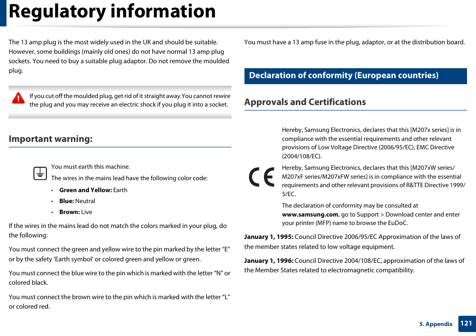 Regulatory information, Important warning, Approvals and certifications | Declaration of conformity (european countries) | Samsung SL-M2070W-XAA User Manual | Page 121 / 314