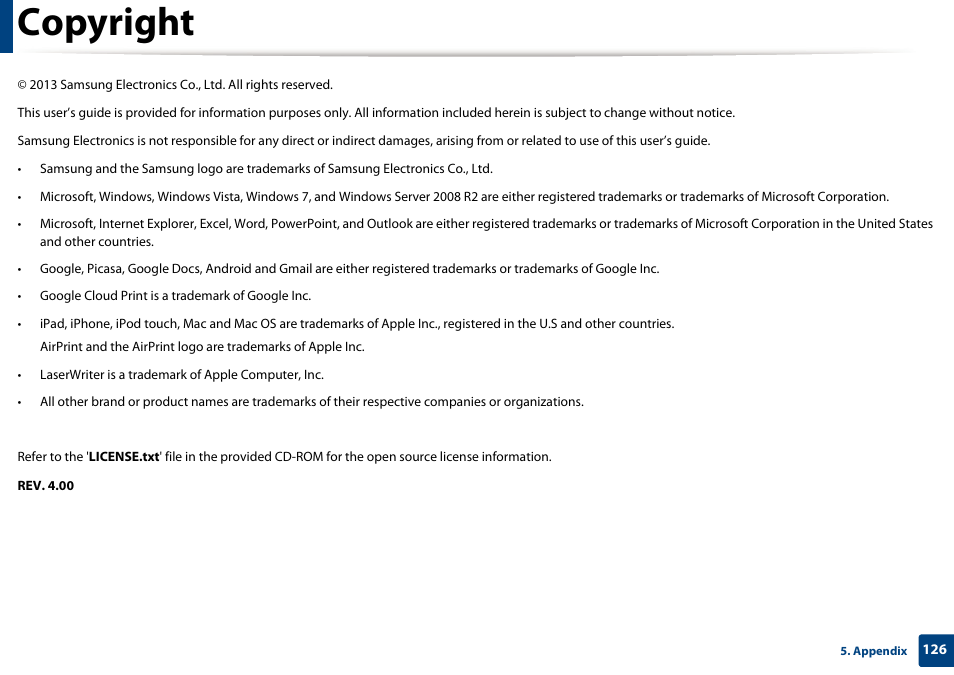 Copyright | Samsung SL-M2070W-XAA User Manual | Page 126 / 314