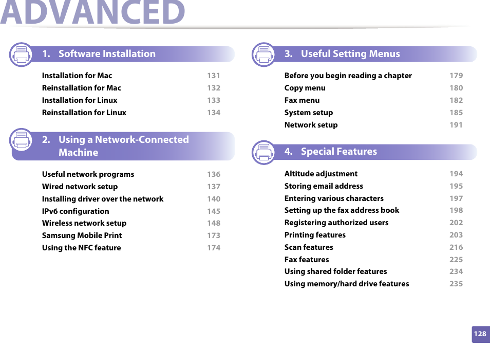 Advanced, Software installation, Using a network-connected machine | Useful setting menus, Special features | Samsung SL-M2070W-XAA User Manual | Page 128 / 314