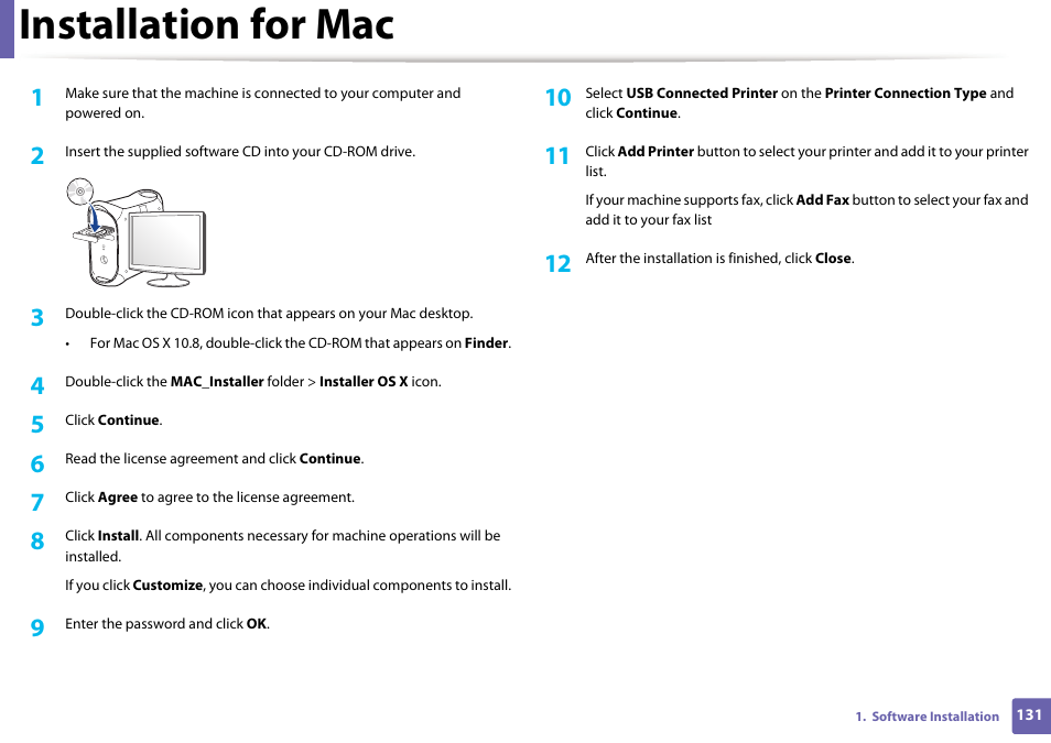 Installation for mac | Samsung SL-M2070W-XAA User Manual | Page 131 / 314
