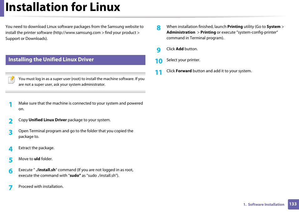 Installation for linux | Samsung SL-M2070W-XAA User Manual | Page 133 / 314