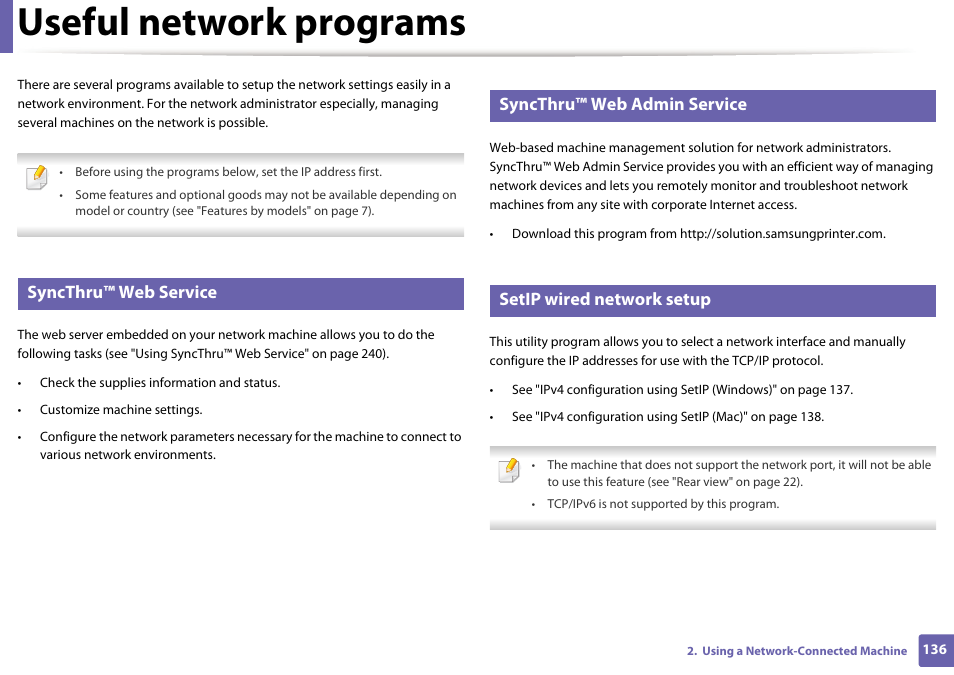 Useful network programs, Syncthru™ web service, Syncthru™ web admin service | Setip wired network setup | Samsung SL-M2070W-XAA User Manual | Page 136 / 314