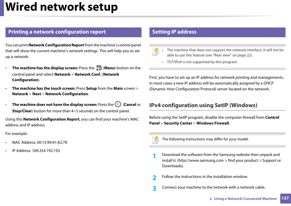 Wired network setup, Ipv4 configuration using setip (windows), Printing a network configuration report | Setting ip address | Samsung SL-M2070W-XAA User Manual | Page 137 / 314