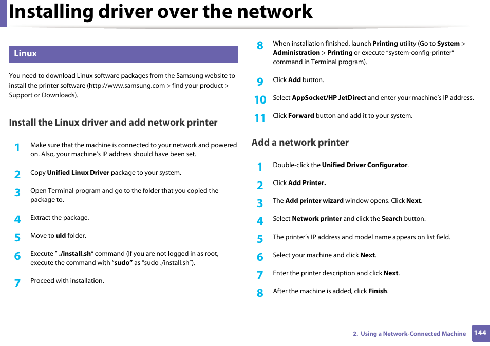 Installing driver over the network | Samsung SL-M2070W-XAA User Manual | Page 144 / 314