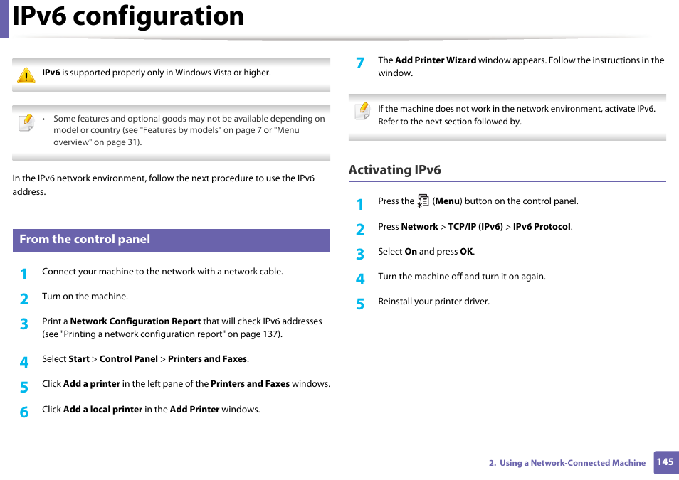 Ipv6 configuration, Activating ipv6 | Samsung SL-M2070W-XAA User Manual | Page 145 / 314