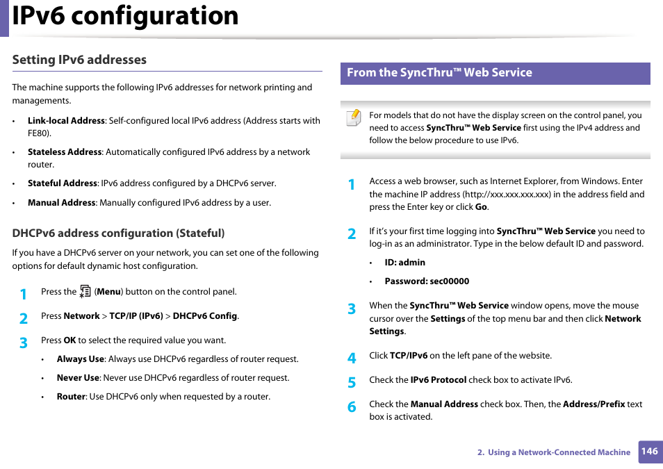 Ipv6 configuration, Setting ipv6 addresses | Samsung SL-M2070W-XAA User Manual | Page 146 / 314