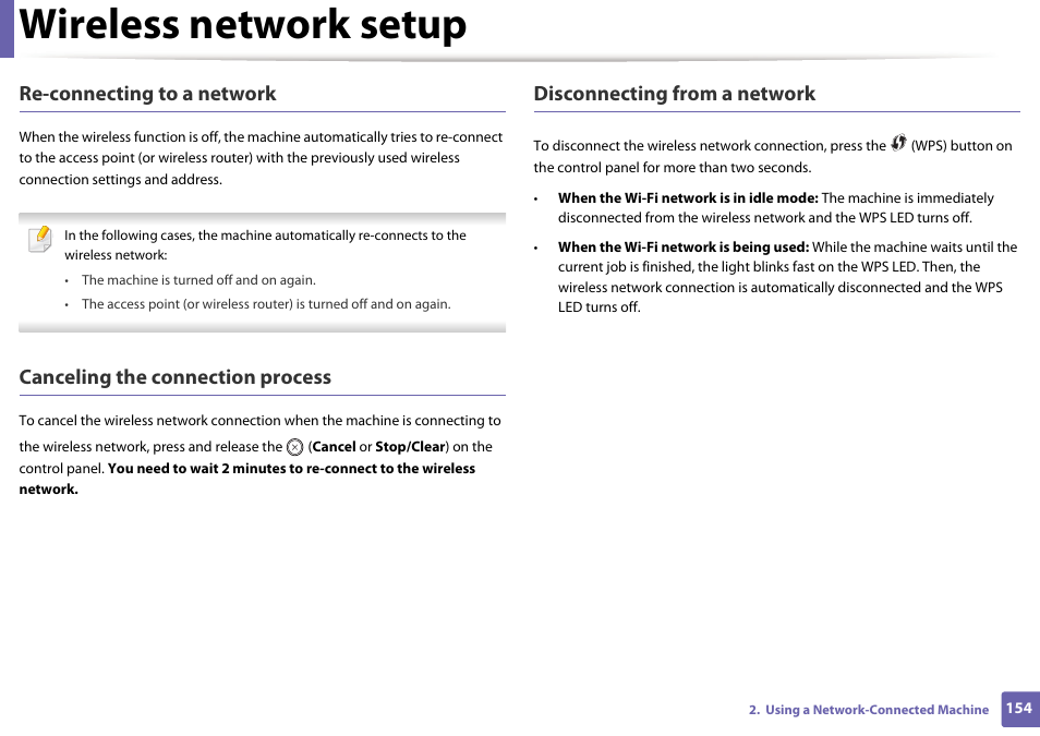 Wireless network setup, Re-connecting to a network, Canceling the connection process | Disconnecting from a network | Samsung SL-M2070W-XAA User Manual | Page 154 / 314
