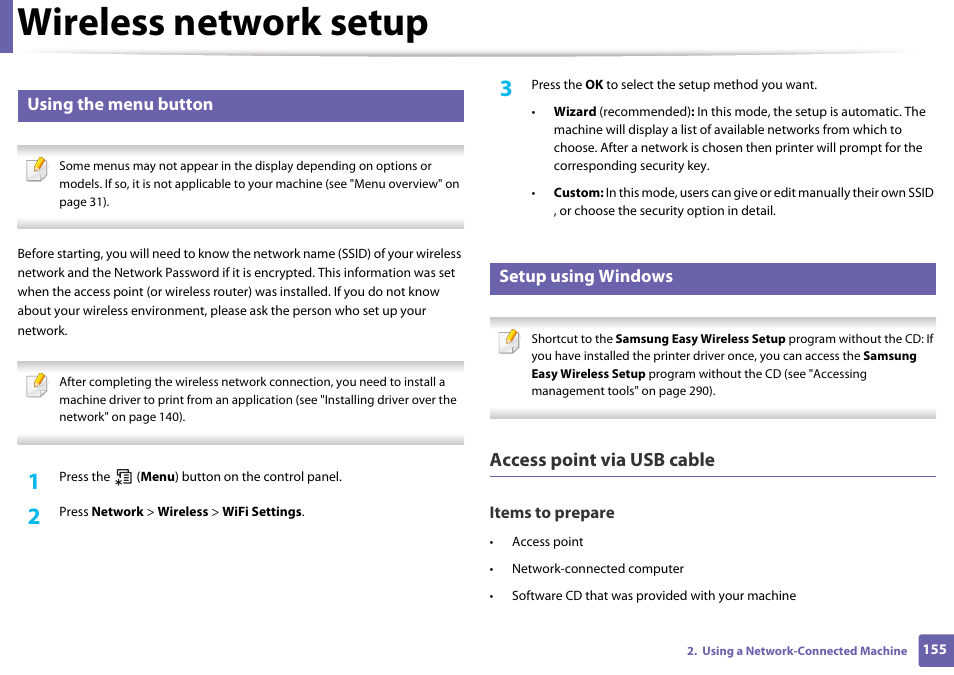 Wireless network setup, Access point via usb cable, Using the menu button | Setup using windows | Samsung SL-M2070W-XAA User Manual | Page 155 / 314