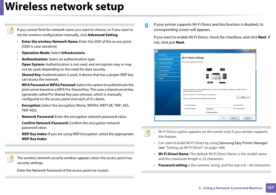 Wireless network setup | Samsung SL-M2070W-XAA User Manual | Page 157 / 314