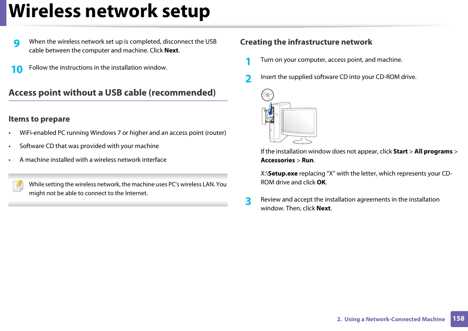 Wireless network setup, Access point without a usb cable (recommended) | Samsung SL-M2070W-XAA User Manual | Page 158 / 314