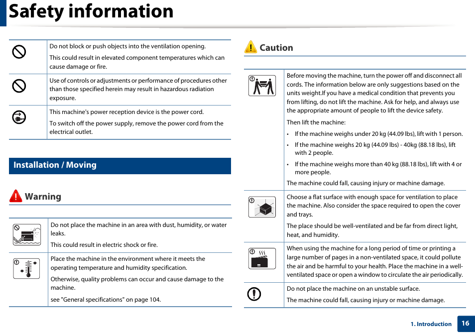 Safety information, Warning caution, Installation / moving | Samsung SL-M2070W-XAA User Manual | Page 16 / 314