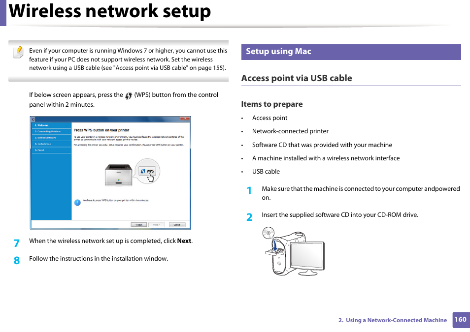 Wireless network setup, Access point via usb cable, Setup using mac | Samsung SL-M2070W-XAA User Manual | Page 160 / 314