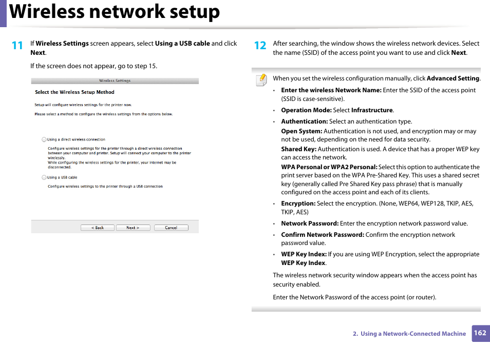 Wireless network setup | Samsung SL-M2070W-XAA User Manual | Page 162 / 314