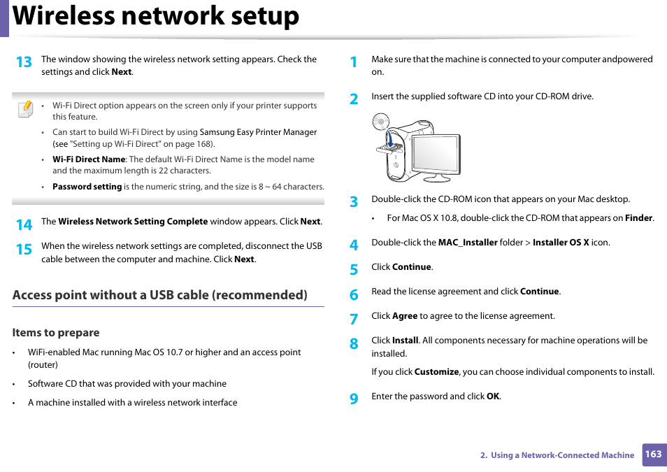 Wireless network setup, Access point without a usb cable (recommended) | Samsung SL-M2070W-XAA User Manual | Page 163 / 314