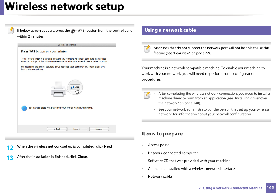 Wireless network setup, Items to prepare, Using a network cable | Samsung SL-M2070W-XAA User Manual | Page 165 / 314