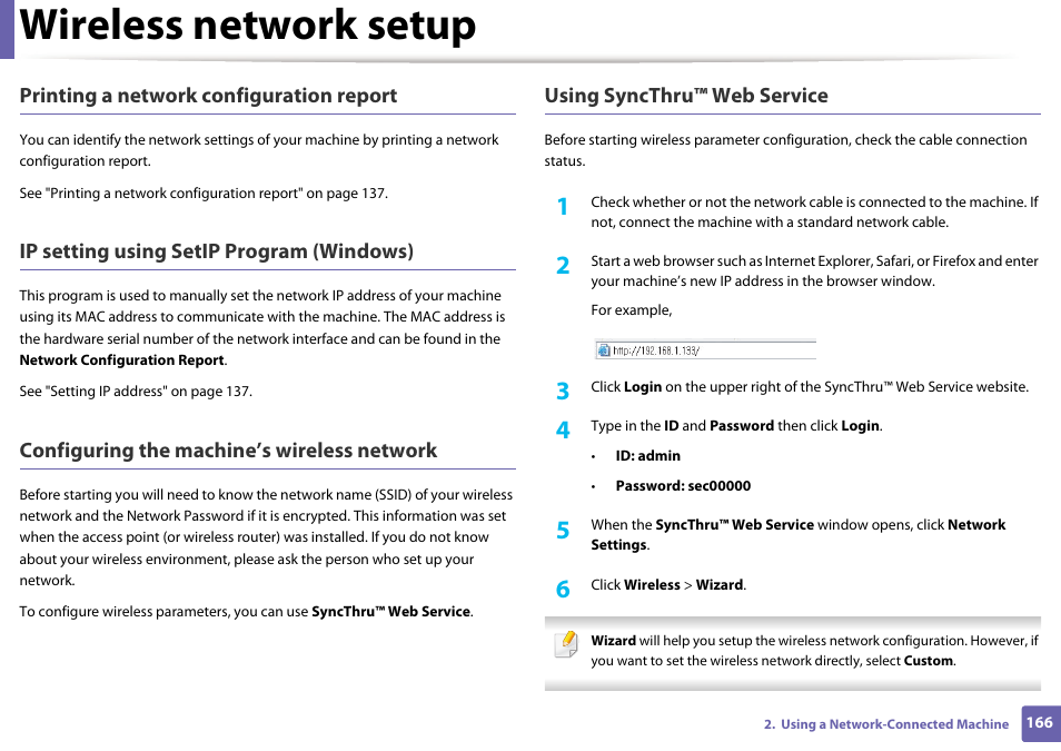 Wireless network setup, Printing a network configuration report, Ip setting using setip program (windows) | Configuring the machine’s wireless network, Using syncthru™ web service | Samsung SL-M2070W-XAA User Manual | Page 166 / 314