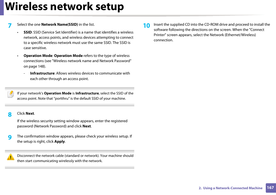 Wireless network setup | Samsung SL-M2070W-XAA User Manual | Page 167 / 314