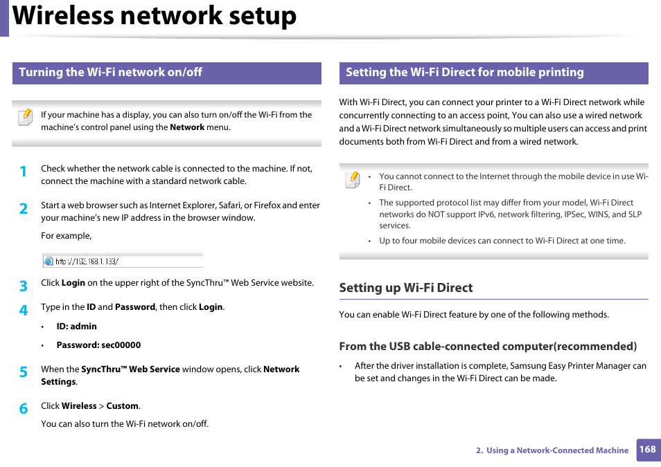 Wireless network setup, Setting up wi-fi direct, Turning the wi-fi network on/off | Setting the wi-fi direct for mobile printing | Samsung SL-M2070W-XAA User Manual | Page 168 / 314