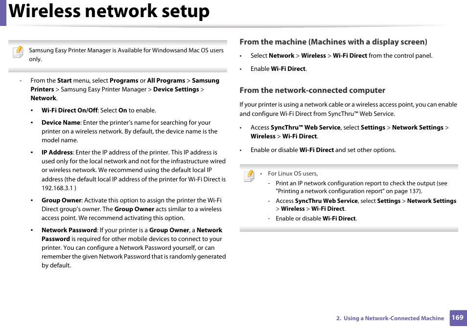 Wireless network setup | Samsung SL-M2070W-XAA User Manual | Page 169 / 314