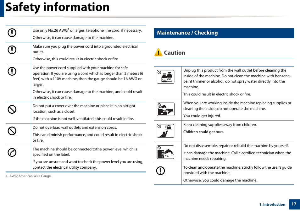 Safety information, Caution, Maintenance / checking | Samsung SL-M2070W-XAA User Manual | Page 17 / 314