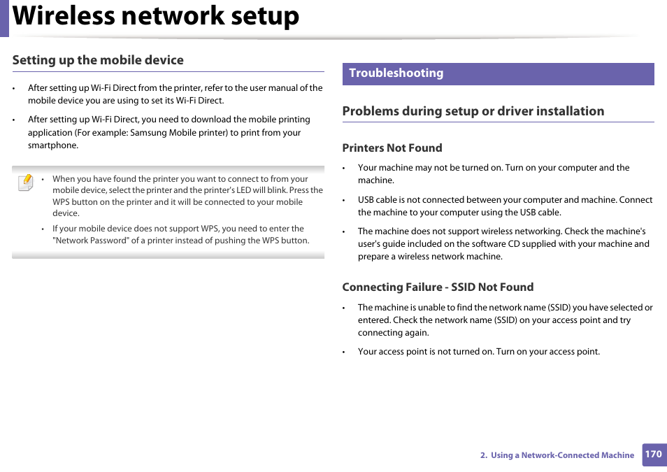 Wireless network setup, Setting up the mobile device, Problems during setup or driver installation | Troubleshooting | Samsung SL-M2070W-XAA User Manual | Page 170 / 314