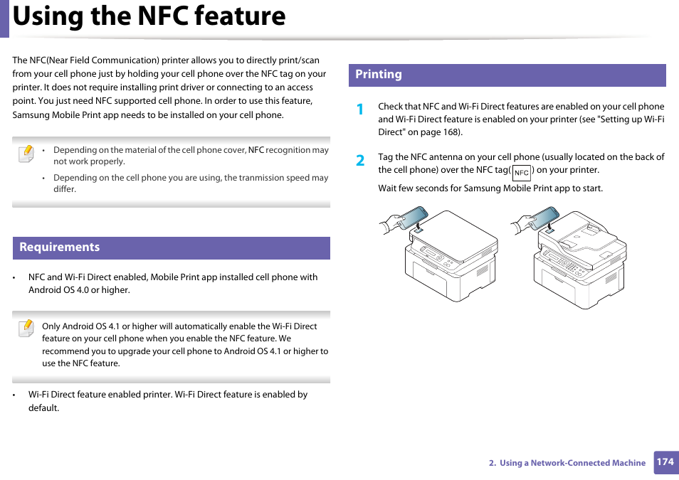 Using the nfc feature, Requirements, Printing | Samsung SL-M2070W-XAA User Manual | Page 174 / 314
