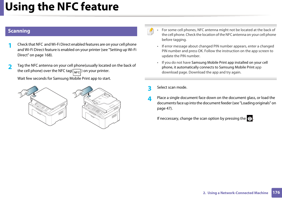 Using the nfc feature, Scanning | Samsung SL-M2070W-XAA User Manual | Page 176 / 314