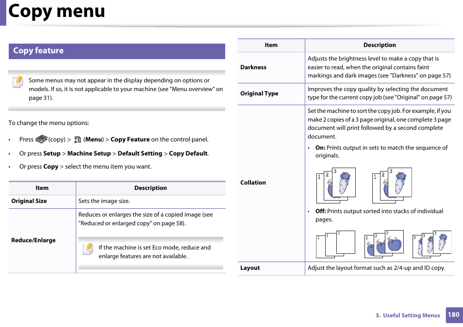 Copy menu, Copy feature | Samsung SL-M2070W-XAA User Manual | Page 180 / 314