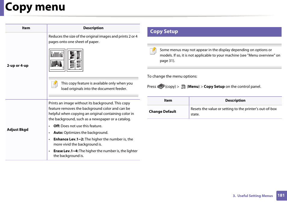 Copy menu, Copy setup | Samsung SL-M2070W-XAA User Manual | Page 181 / 314