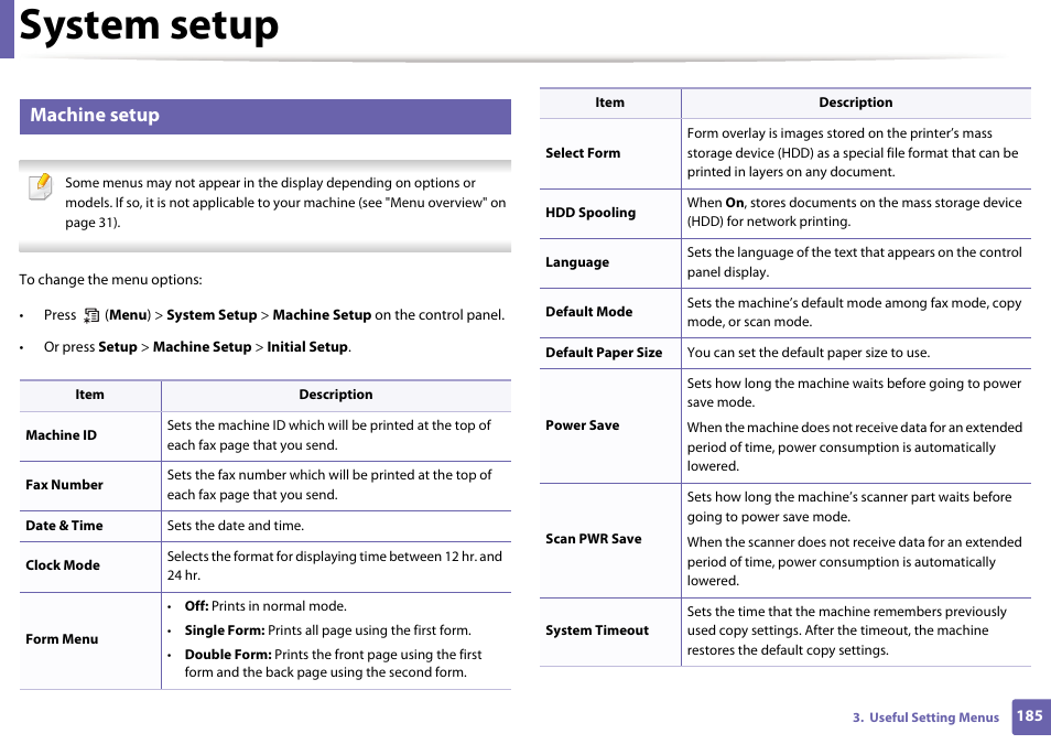 System setup, Machine setup | Samsung SL-M2070W-XAA User Manual | Page 185 / 314