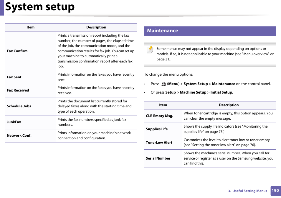 System setup, Maintenance | Samsung SL-M2070W-XAA User Manual | Page 190 / 314