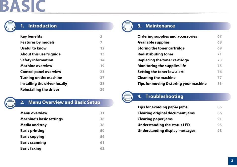 Basic, Introduction, Menu overview and basic setup | Maintenance, Troubleshooting | Samsung SL-M2070W-XAA User Manual | Page 2 / 314