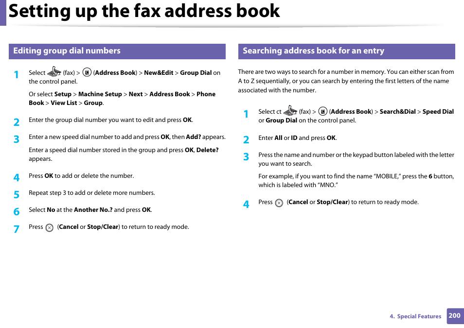 Setting up the fax address book | Samsung SL-M2070W-XAA User Manual | Page 200 / 314