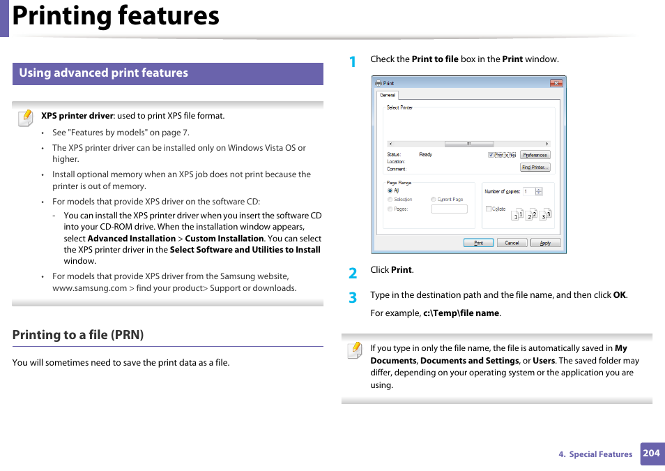 Printing features, Printing to a file (prn), Using advanced print features | Samsung SL-M2070W-XAA User Manual | Page 204 / 314