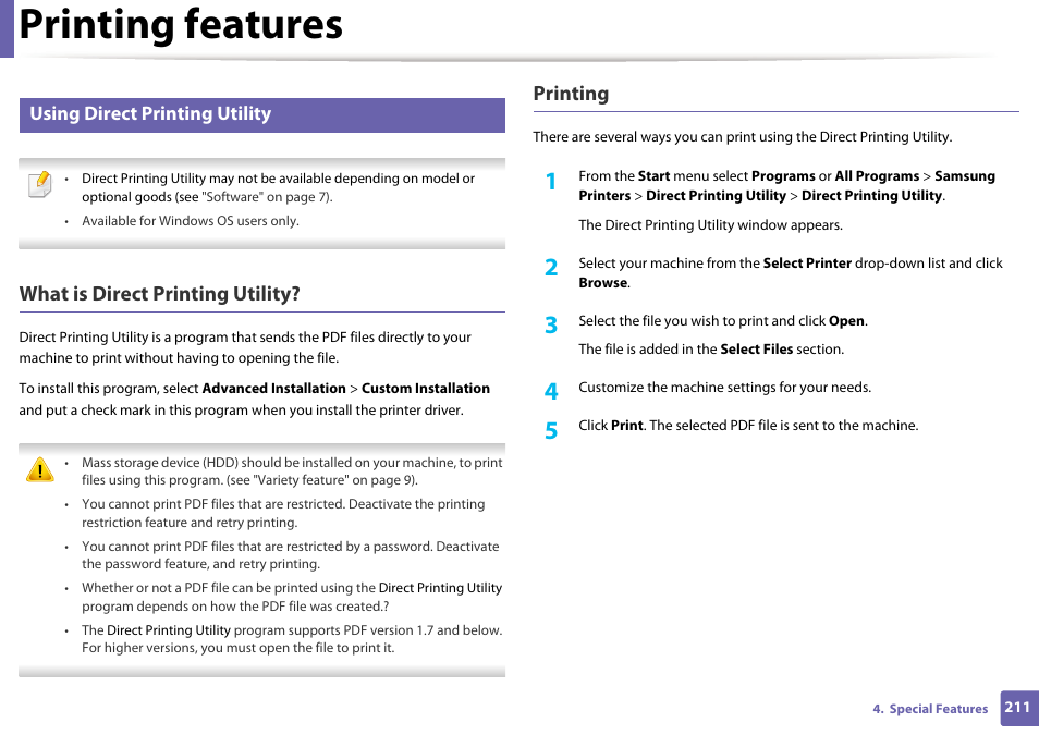 Printing features, What is direct printing utility, Printing | Using direct printing utility | Samsung SL-M2070W-XAA User Manual | Page 211 / 314
