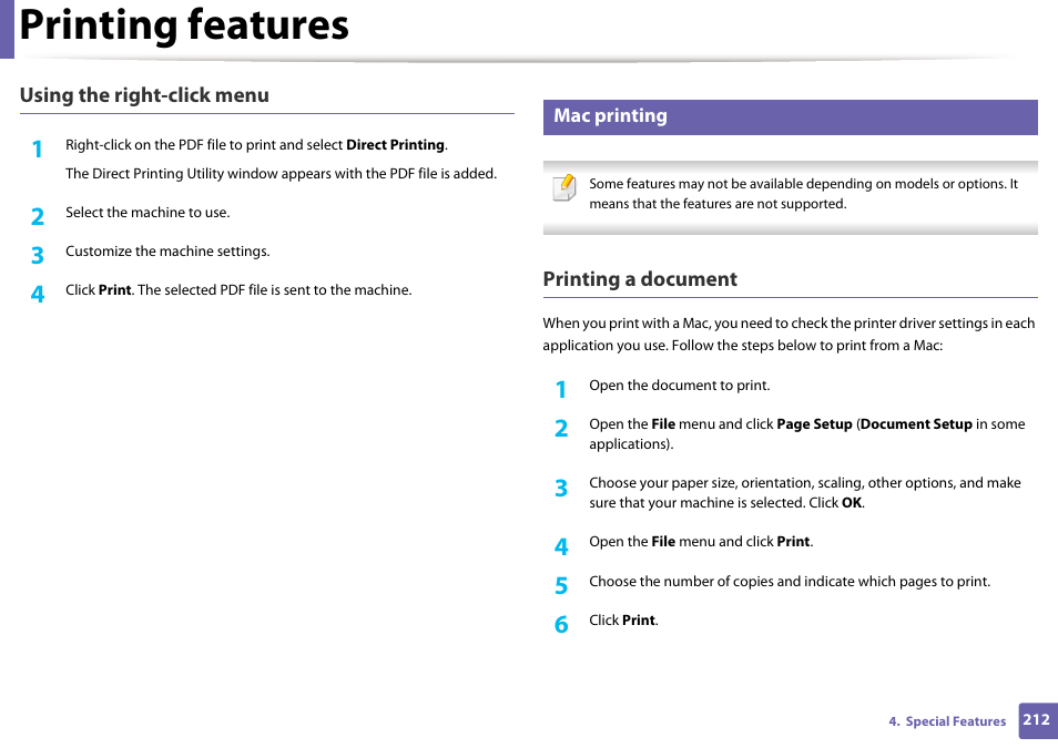 Printing features | Samsung SL-M2070W-XAA User Manual | Page 212 / 314