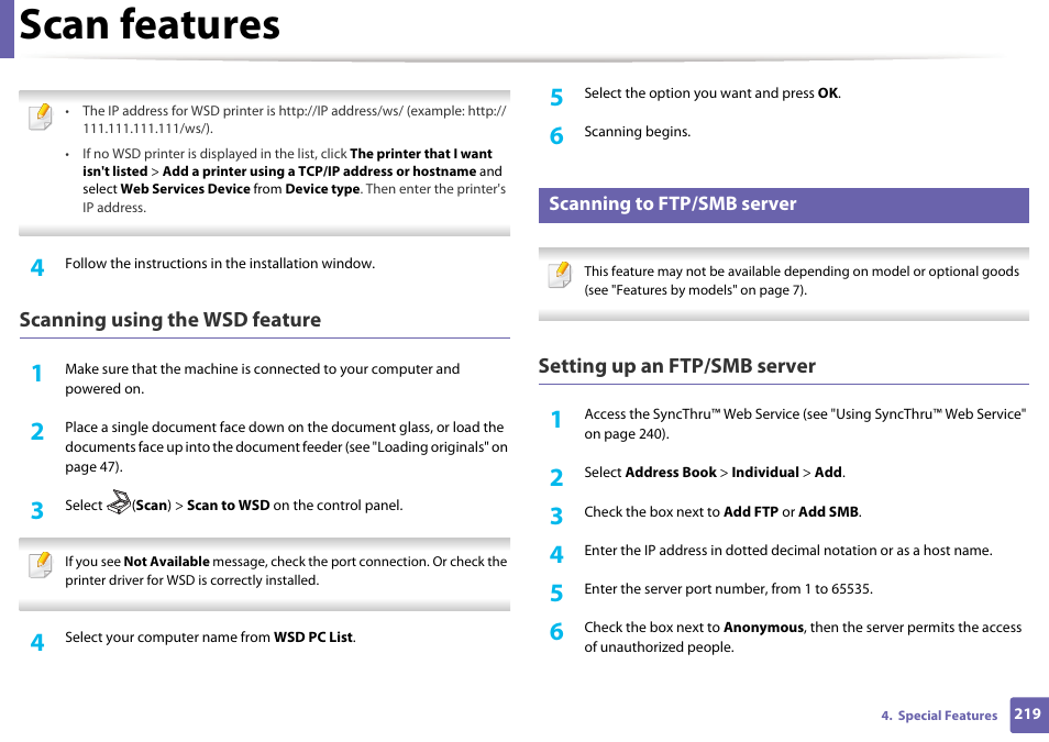 Scan features, Scanning using the wsd feature, Setting up an ftp/smb server | Samsung SL-M2070W-XAA User Manual | Page 219 / 314