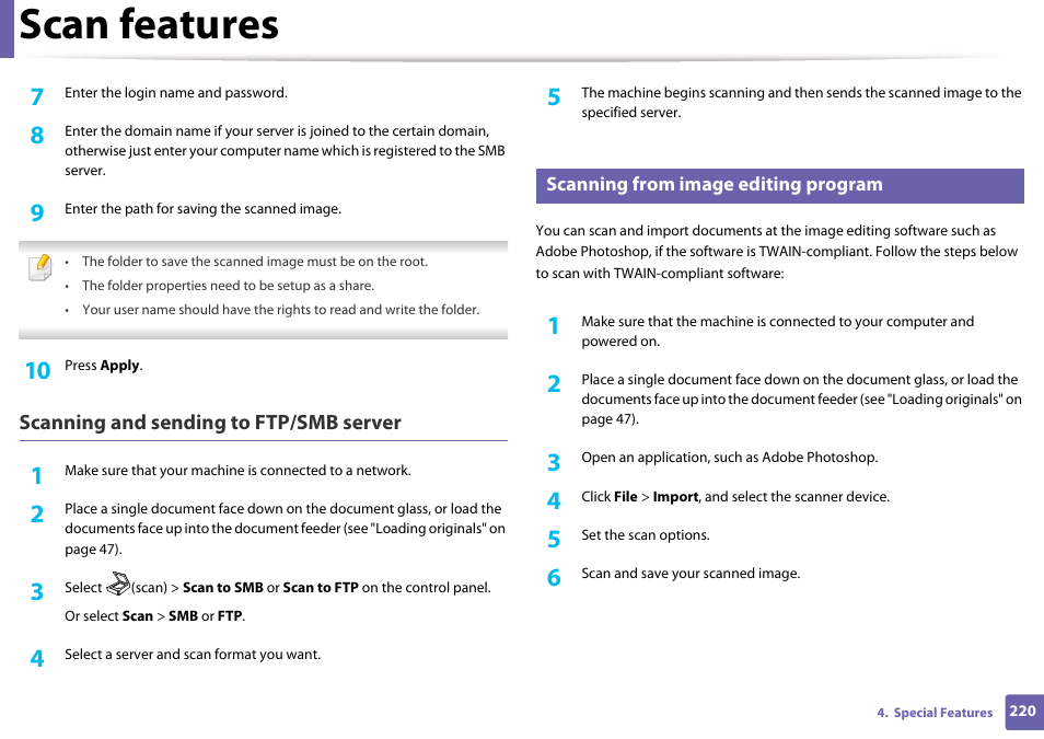 Scan features | Samsung SL-M2070W-XAA User Manual | Page 220 / 314