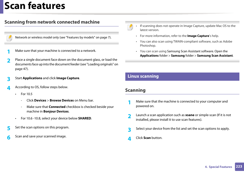 Scan features, Scanning from network connected machine, Scanning | Linux scanning | Samsung SL-M2070W-XAA User Manual | Page 223 / 314