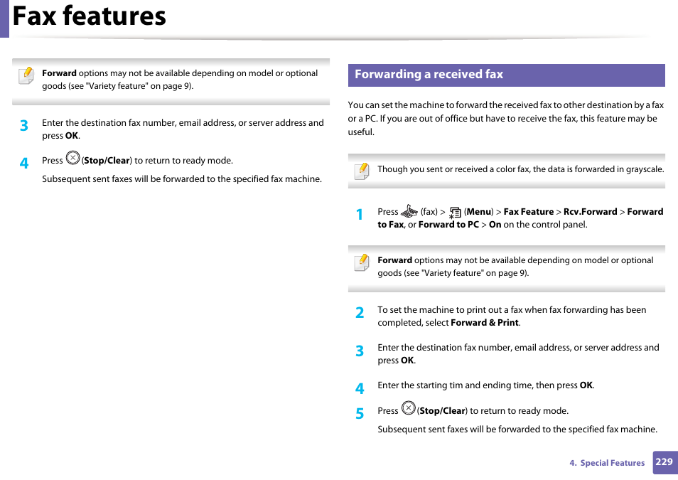 Fax features, Forwarding a received fax | Samsung SL-M2070W-XAA User Manual | Page 229 / 314