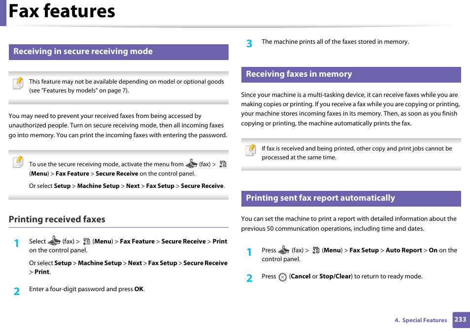 Fax features, Printing received faxes, Receiving in secure receiving mode | Printing sent fax report automatically | Samsung SL-M2070W-XAA User Manual | Page 233 / 314