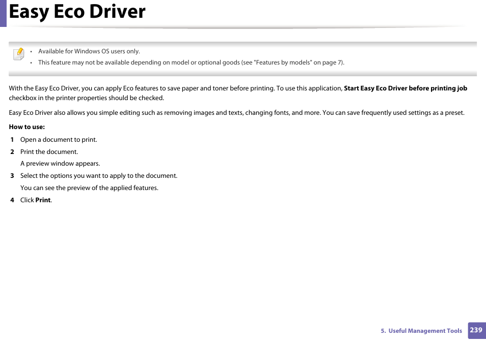 Easy eco driver | Samsung SL-M2070W-XAA User Manual | Page 239 / 314