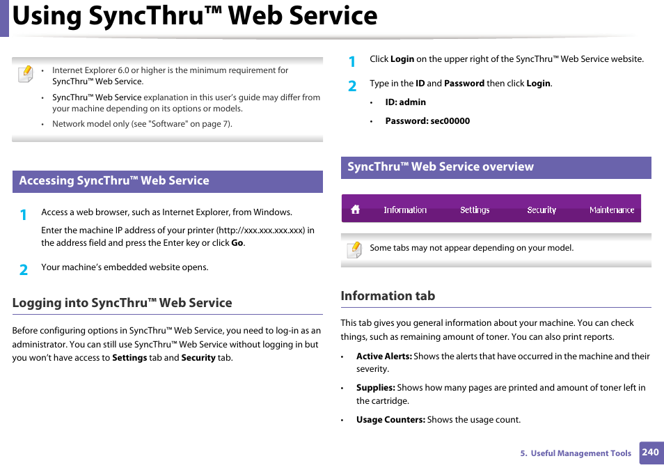 Using syncthru™ web service, Logging into syncthru™ web service, Information tab | Accessing syncthru™ web service, Syncthru™ web service overview | Samsung SL-M2070W-XAA User Manual | Page 240 / 314