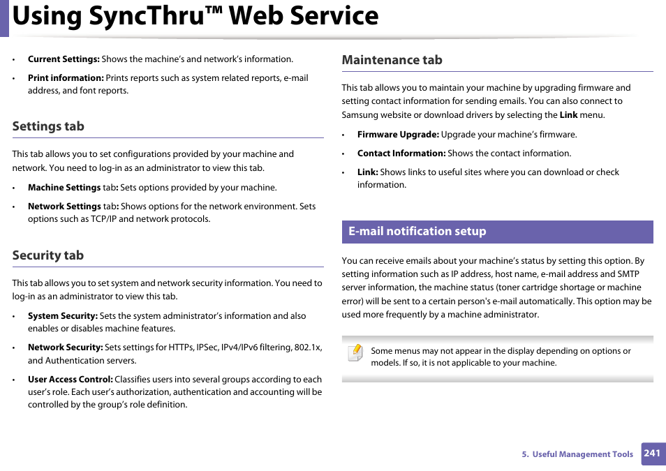 Using syncthru™ web service, Settings tab, Security tab | Maintenance tab, E-mail notification setup | Samsung SL-M2070W-XAA User Manual | Page 241 / 314